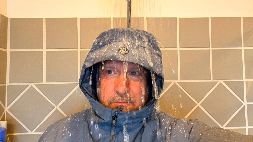 water rolled off the hood of the oslo, directed away from the face...