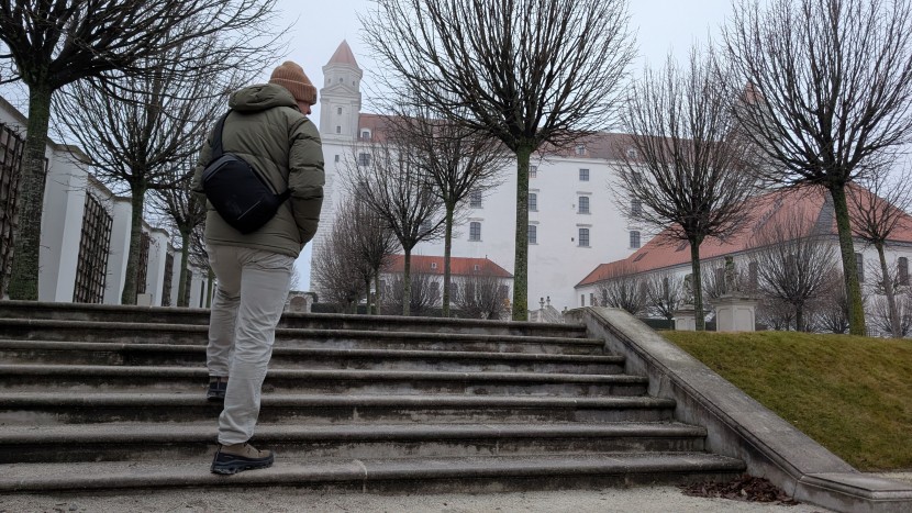 marmot fordham - heading up the castle steps in slovakia. on frigid days like this...
