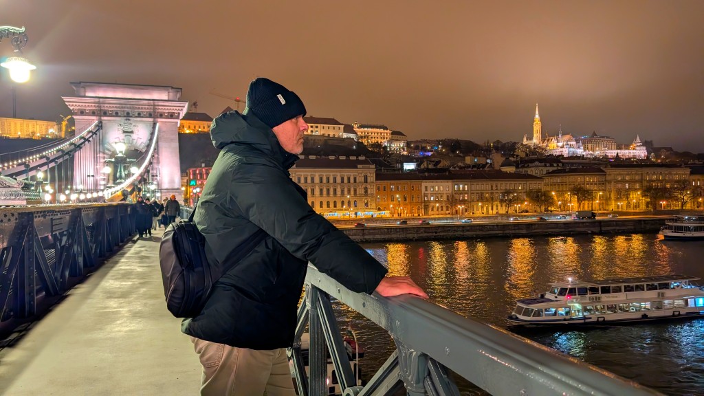 patagonia stormshadow - staying warm on a chilly, humid evening in budapest.
