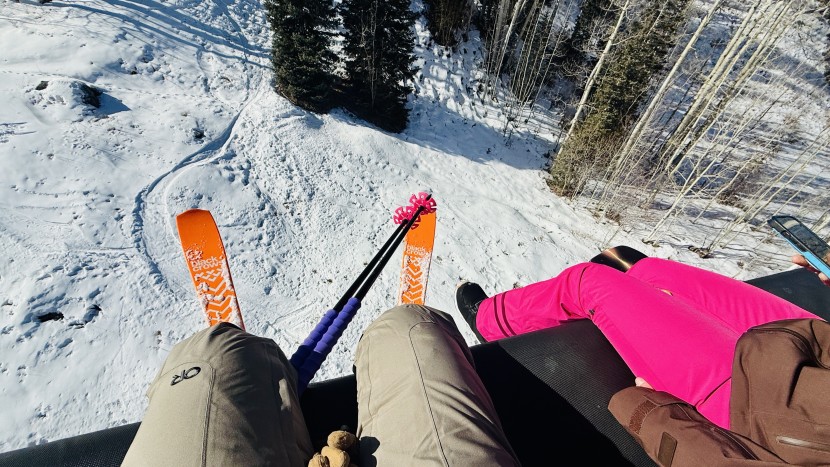 ski pants womens - riding the lift while testing women's ski pants.