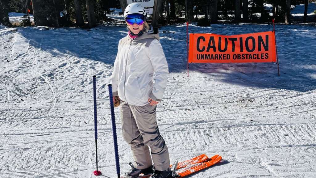 outdoor research snowcrew pant for women - hitting the slopes in the matching snowcrew kit.