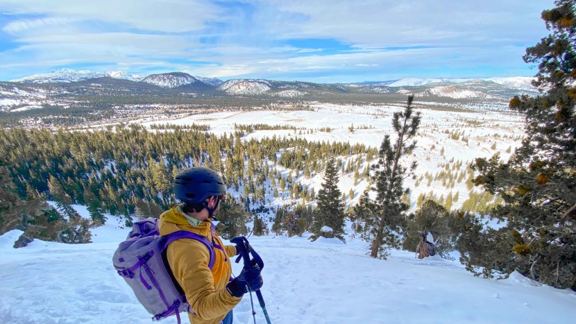 the author prepares to descend a backcountry line in the sherwins...