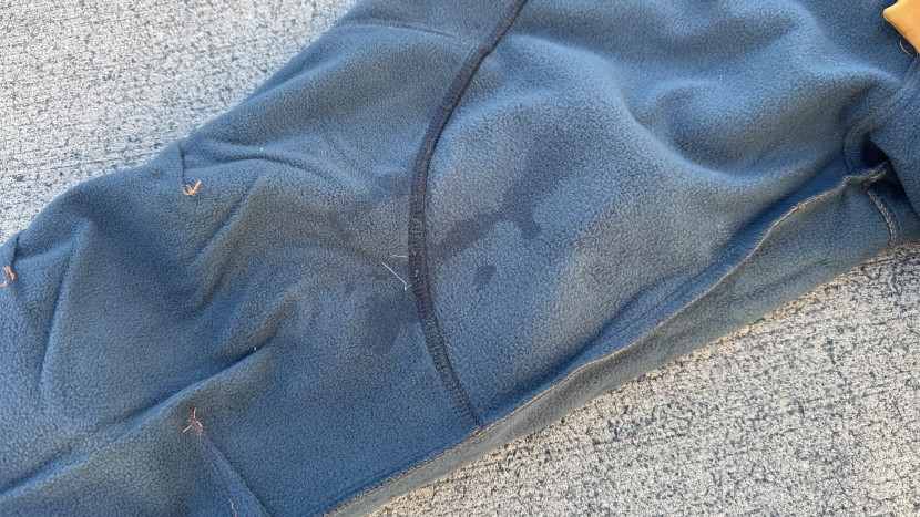 the inside of the pant reveals the leakage from our shower test...