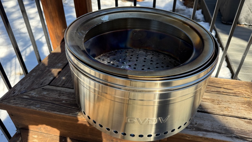 gvdv smokeless - the unlit gvdv stainless steel fire pit is in storage mode, with all...