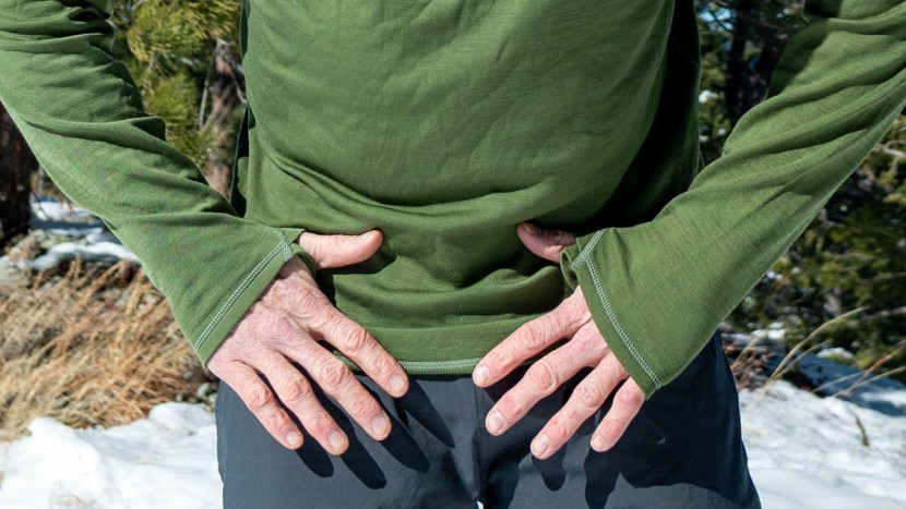 stio basis peakwool midweight half zip - the thumbs at the end of the sleeves show off the flatlock-seam...