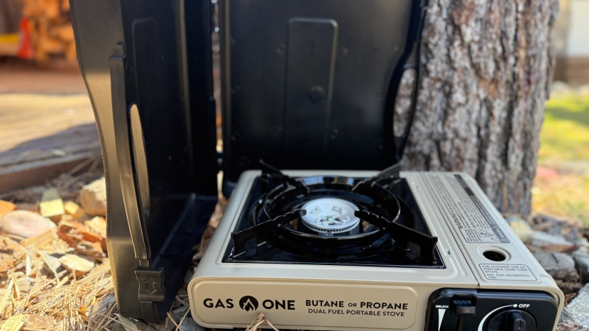 gas one gs-3400p - a simple hack: lacking a built-in windshield, we propped up the hard...